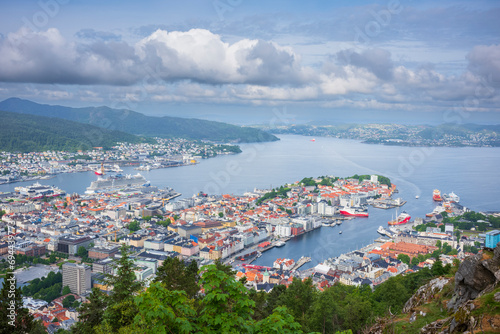 The view from Mount Floyen overlooing the  city of Bergen, Norway, taken in the summer. photo