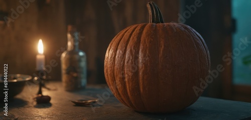  a large pumpkin sitting on top of a wooden table next to a lit candle and a bottle of booze.