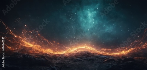  a computer generated image of a mountain covered in fire and smoke with a blue sky and stars in the background.