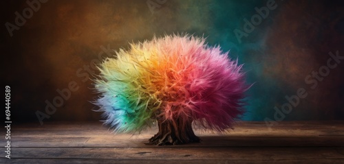  a multicolored tree on a wooden floor with a wooden floor in front of it and a dark background. photo