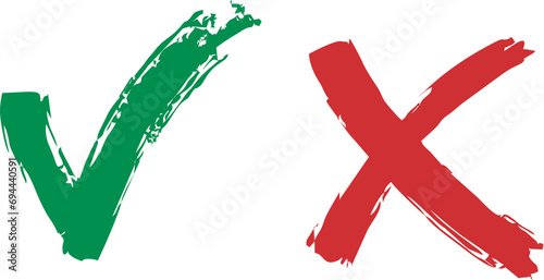 Tick and Cross sign hand drawn in high HD resolution on transparent background. Good for vote, election choice, check marks, approval signs. Red X and green OK symbol icons. PNG  format. © munir