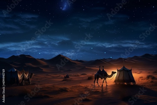 Romantic image featuring camels in desert at night, caravan on sand dunes, crescent moon in starry sky. Generative AI