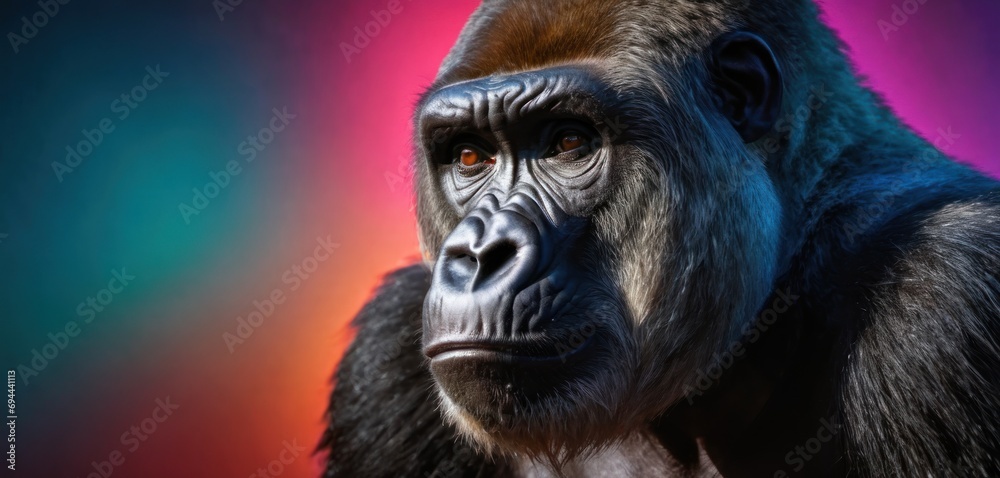  a close - up of a gorilla's face with a multi - colored background in the backround.