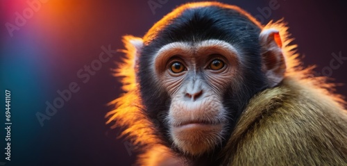  a close up of a monkey's face with an orange light shining on the back of it's head.