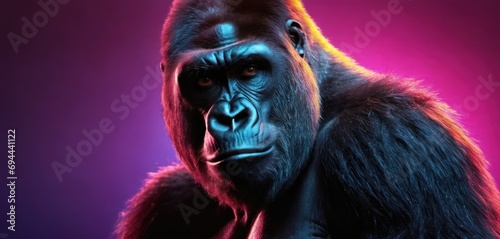  a gorilla standing in front of a purple and pink background with his head turned to the side and his face slightly obscured by the gorilla's fur.