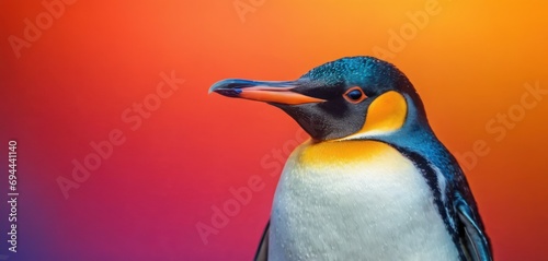  a close up of a penguin with an orange and blue beak and a black head and a multicolored background. photo