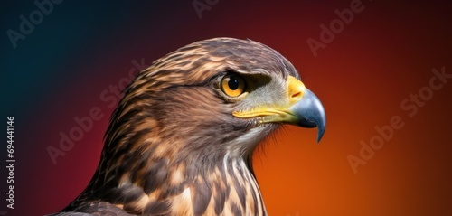  a close up of a bird of prey on a red and blue background with a blurry background behind it.