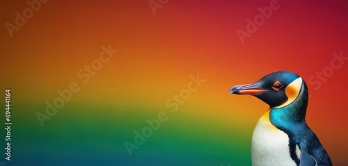  a close up of a penguin on a colorful background with a rainbow in the background and a black  white  and blue bird on the right side of the image.