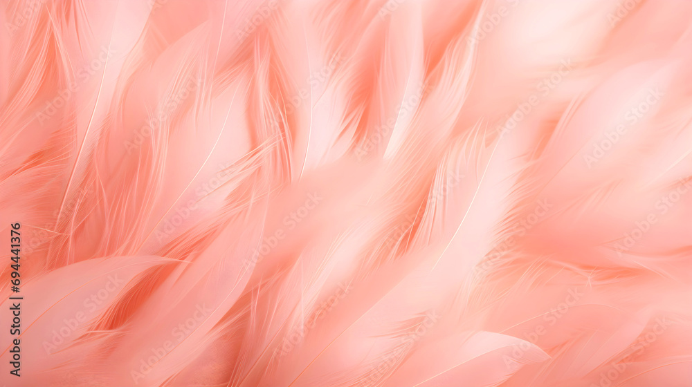 Pattern of soft feathers. Texture background in Peach Fuzz color. Color of the year 2024. Banner