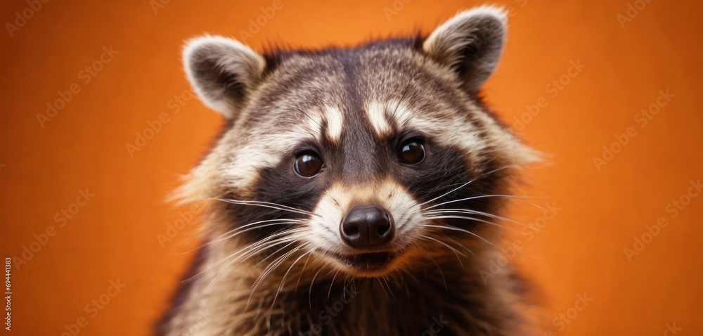  a close up of a raccoon's face looking at the camera with an orange background in the background.