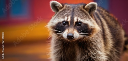  a close up of a raccoon looking at the camera with a blurry back ground in the background.