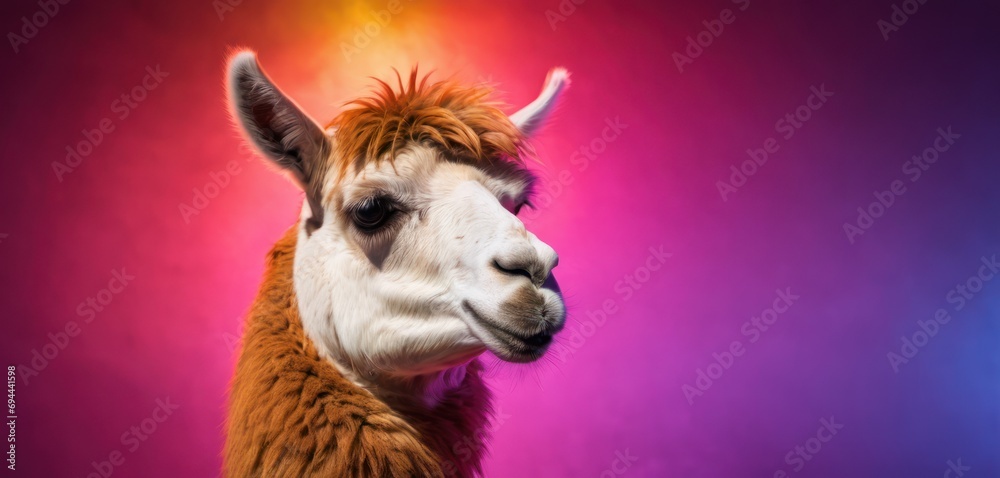  a close up of a llama in front of a multicolored background with a pink, purple, and blue background.