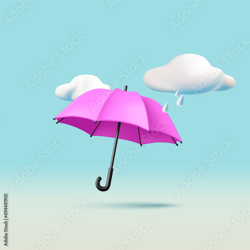 3d realistic render illustration of pink umbrella with rainy clouds in the sky, isolated composition