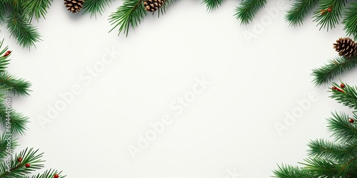 Christmas garland made of coniferous branches on a white background. Top view, copy space.