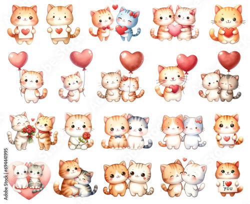 Watercolor Cute Cat Couples Set. Set of Romantic Cat Pairs Clipart. Valentine's Concept. Watercolor Cat Couple Illustrations.