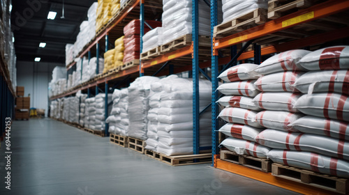 Flour bags in warehouses are stacked on pallets, factories for processing and as mix ingredient photo