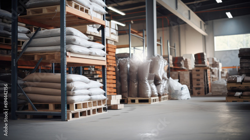 Flour bags in warehouses are stacked on pallets, factories for processing and as mix ingredient photo