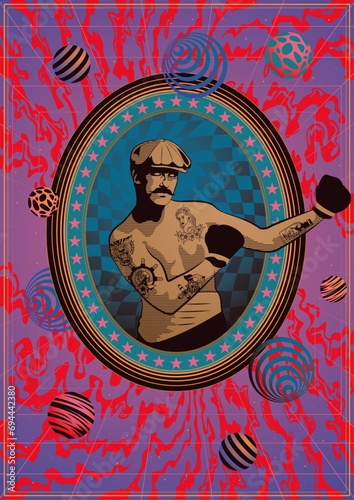 Retro Boxer with Tattoos, Mustache, Cap and Old Boxing Gloves, Abstract Geometric Shapes, Psychedelic Colors Background