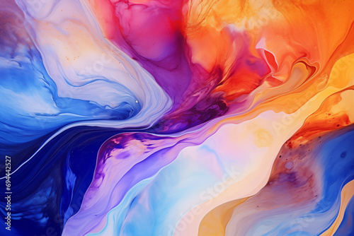 Vibrant and abstract background featuring fluid art. Trendy neon gradient in orange with a marble effect in purple, orange and blue. Stylish backdrop for websites, postcards. Template for your design