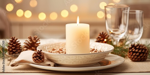 Festive dinner with white candles, cones, and ceramic plate on a linen napkin.