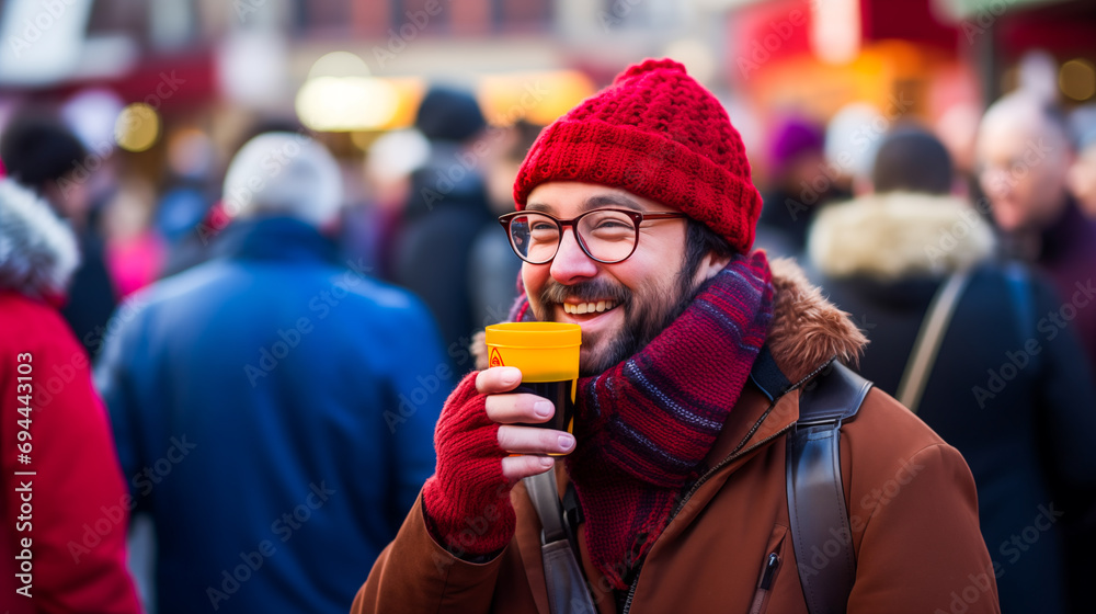 An individual in winter clothing is captured enjoying hot mulled wine against the festive backdrop of a Christmas market. Perfect for emotion-evoking visuals and holiday projects.
