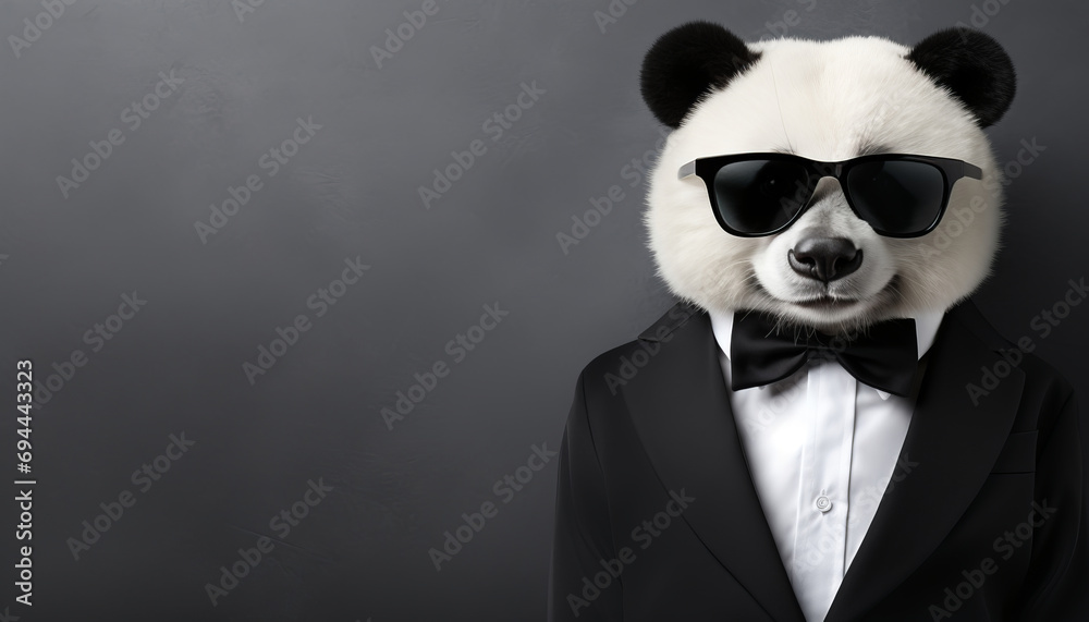 panda in sunglasses and jacket on a black background, copy space panda in sunglasses and jacket on a black background, copy space