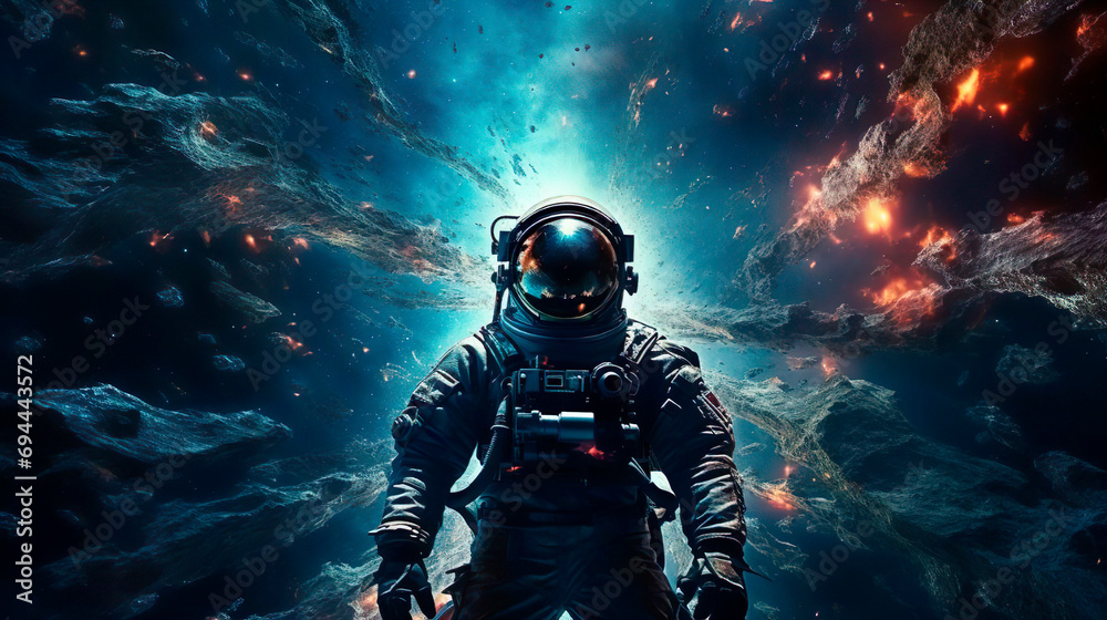 Mission flight to new galaxy and stars. Scientific expedition into deep space in order to search for new planets adapted for human life. An astronaut discovers new places in the universe. Cosmic