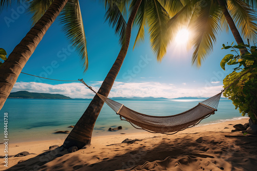 Serene Tropical Beach with Hammock and Palm Trees