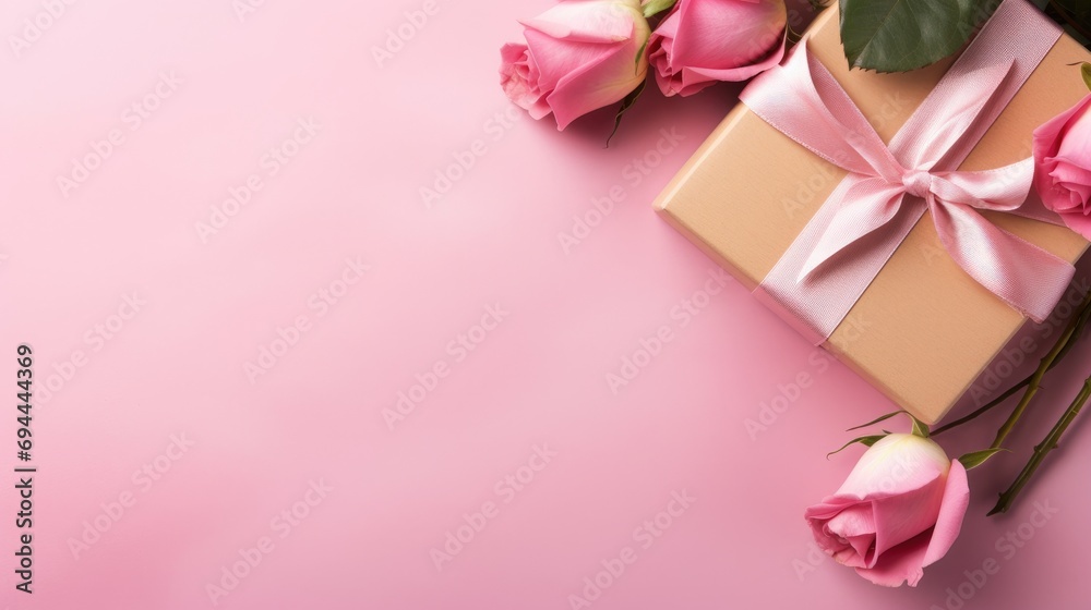 Elegant gift box with a satin ribbon and beautiful pink roses on a light pink background with copy space. Elegant gift box with a satin ribbon and beautiful pink roses on a light pink background with copy space.