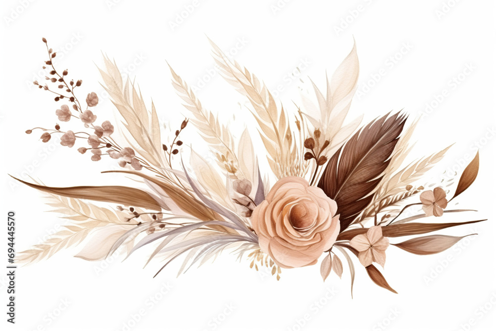 Watercolor boho floral border, Pampas grass, Vintage brown floral composition, empty copy space - obrazy, fototapety, plakaty 