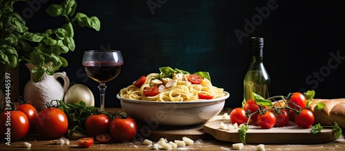 Italian cuisine featuring dishes like pizza and pasta, often accompanied by cheese.