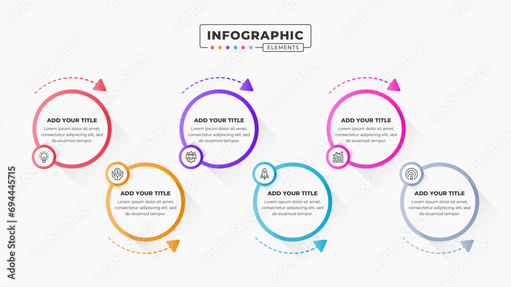 Vector circle infographic design template with icons and six options or steps. It can be used for process diagrams, presentations, workflow layouts, banners, and flow charts.