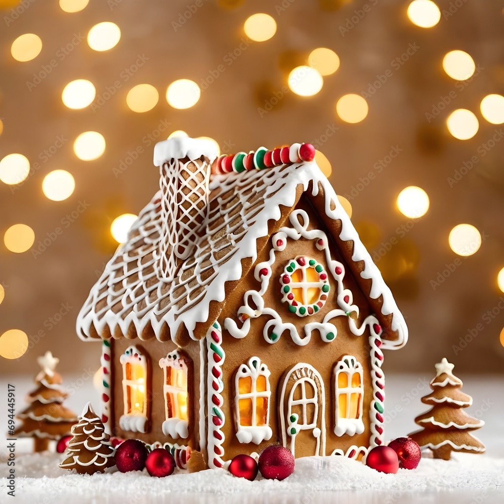 Christmas gingerbread house decoration on white background of defocused golden lights. 