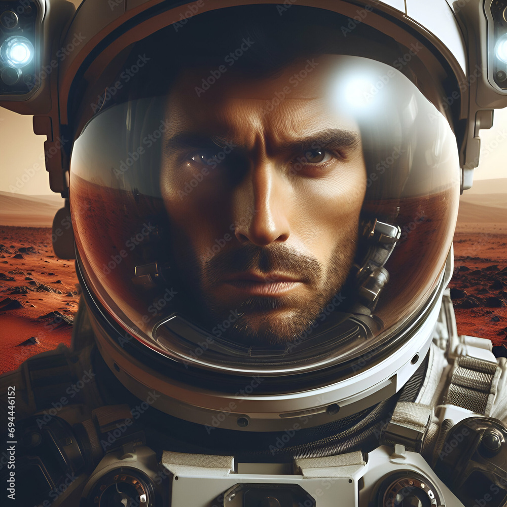 Portrait of Serious Earth Astronaut Spaceman as Seen through the Spacesuit Helmet Visor Walking & Exploring from Base and Rover Planet Mars Red Rock Surface Martian Rocket Colonization Bacterial Life 