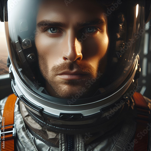 Portrait of Serious Earth Astronaut Spaceman as Seen through the Spacesuit Helmet Visor Walking & Exploring from Base and Rover Planet Mars Red Rock Surface Martian Rocket Colonization Bacterial Life  photo