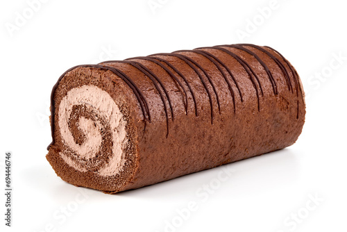 Photography Chocolate roulade cake, isolated on white background.