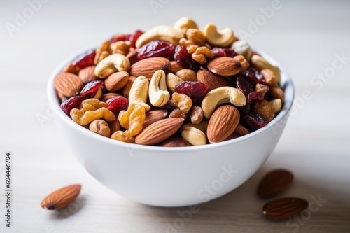 A close-up shot capturing a delightful mixture of assorted nuts and dried fruits, emphasizing their rich textures and vibrant colors. Perfect for health, nutrition, and culinary themes