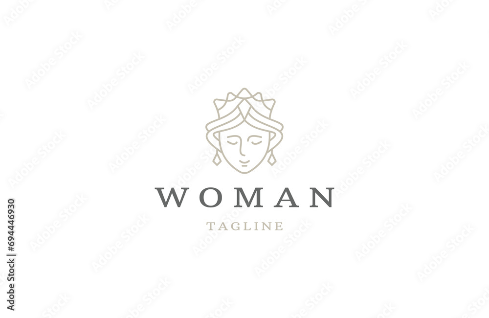 Beauty queen woman with line art style logo design template Beauty queen woman with line art style logo design template