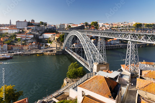 View of Don Luis I bridge, which connect Porto and Vilanova de Gaia in Portugal.  photo