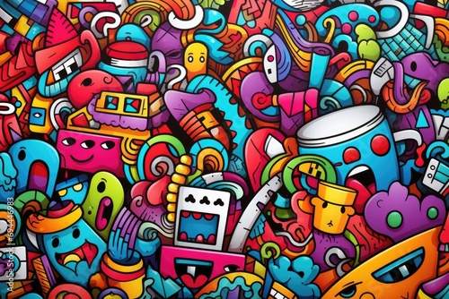 Vibrant cartoon sticker background with colorful graffiti artwork and urban street art elements