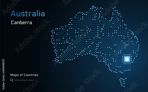 Australia Map with a capital of Canberra Shown in a Microchip Pattern with processor. E-government. World Countries vector maps. Microchip Series 