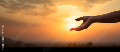 The sun shines through the palm symbolizing hope and prospects.AI Generative photo