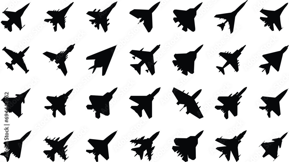 Fototapeta premium Military aircrafts icon set. Fighters and bombers silhouettes. Isolated vector illustrations on white background. 