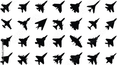 Military aircrafts icon set. Fighters and bombers silhouettes. Isolated vector illustrations on white background.  photo