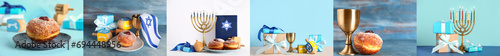Set of symbols for Hanukkah celebration on light and blue backgrounds photo