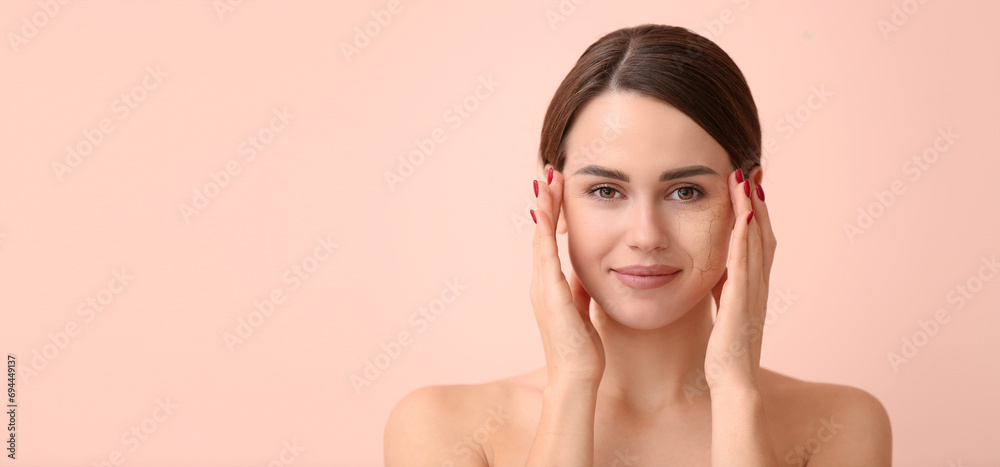 Portrait of beautiful woman with dry and healthy skin on pink background with space for text Portrait of beautiful woman with dry and healthy skin on pink background with space for text