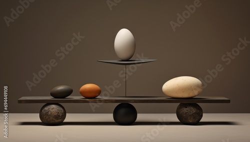 Generative AI image of four eggs sitting on black rock on a scale
