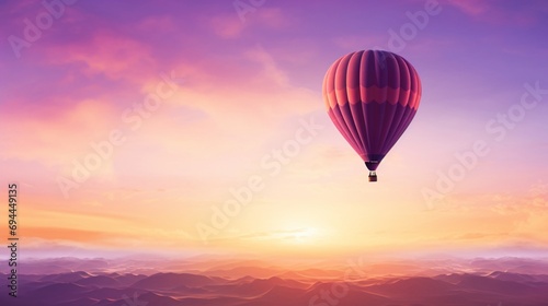 a purple hot air balloon, soaring high and proud, its color blending harmoniously with the sky, with the sun setting in the distance, creating a stunning silhouette, against a pure white background.