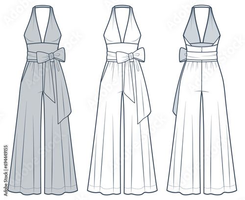 Bow Jumpsuit technical fashion Illustration. Wide Leg Jumpsuit fashion flat technical drawing template, halter neck, v-neck, zip-up, belted, front and back view, white, grey, women CAD mockup set.