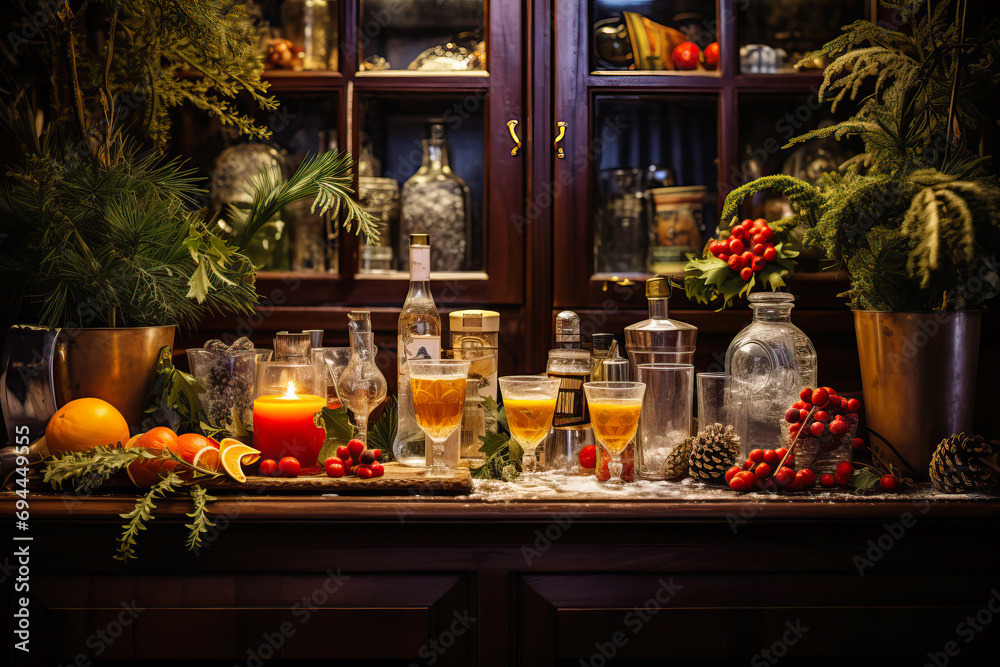 Christmas cocktail bar, gourmet holiday drinks, adorned with fresh herbs, edible flowers